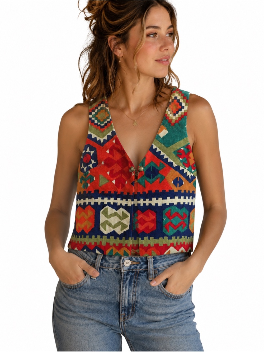 Colorful Eastern European Kilim Patterned Top Vest - Multicolor Geometric